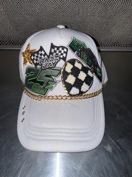 White Women's Hat with Checkered Heart